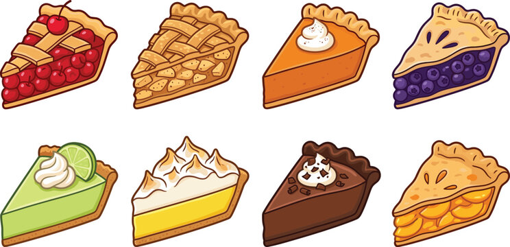 Pie dessert cartoon vector collection with fruit, chocolate and cream slices, sweet bakery illustration set for menu, cafe and pastry design