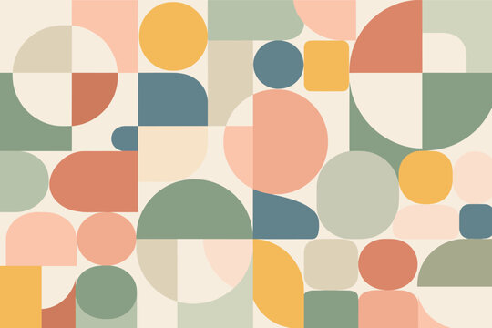 Abstract Geometric Pattern Vector Illustration with Playful Composition of Circles, Squares, and Rounded Rectangles in Muted Earthy Tones like Sage Green, Terracotta, Mustard, and Slate Blue