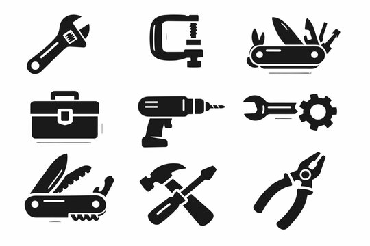 Set of flat design black tool icons and stickers including adjustable wrench, C-clamp, multi-tool pocket knife, toolbox, electric hand drill, hammer, screwdriver, and pliers for repair work.
