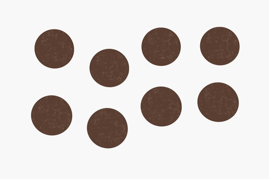 Minimalist vector illustration of eight dark brown textured circles isolated on a white background. Grainy speckled dots with a vintage distressed feel for abstract graphic design and patterns.