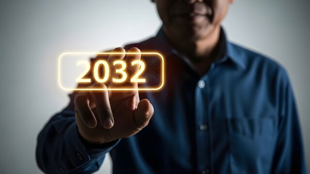 Person's hand is pointing towards a bright glowing holographic text displaying the year "2032".
