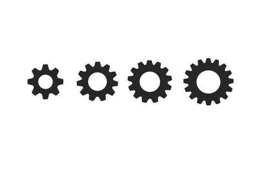 Set of Four Black Gear Icons with Different Sizes and Number of Teeth, Minimalist Flat Vector Illustration of Industrial Mechanical Cogwheels for Engineering, Technology, and Settings Interface