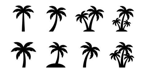 Black palm tree silhouettes, tropical icons, palm trees, vector graphics © MdAsif