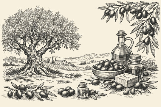 Vintage hand-drawn sketch of an olive tree and Mediterranean farm products. Extra virgin olive oil bottle, bowl of olives, natural soap, and rural landscape. Organic food and cosmetic banner design.