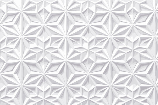 Seamless white 3D geometric pattern with hexagonal star shapes for elegant modern architectural background. Abstract white texture with relief effect and shadows for interior design and wall.