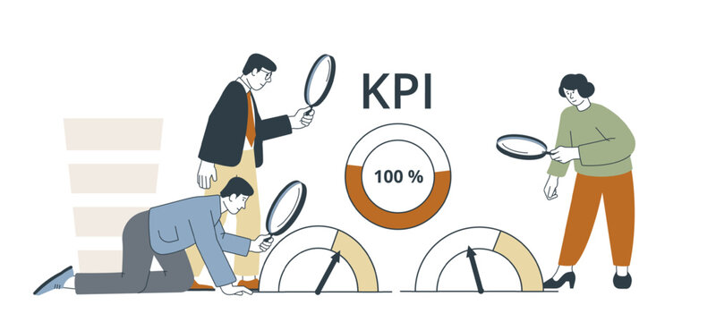 Business metrics, KPI concept. Office workers with magnifying glasses study benchmarking performance. Optimization and measuring in corporate, vector scene