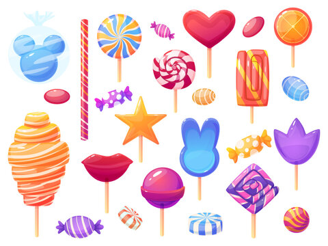Sweet candies. Lollipops, caramel, chewing gums in wrappers. Striped candy, sweet spiral stick. Different bonbons, glazed sugar caramels nowaday vector set