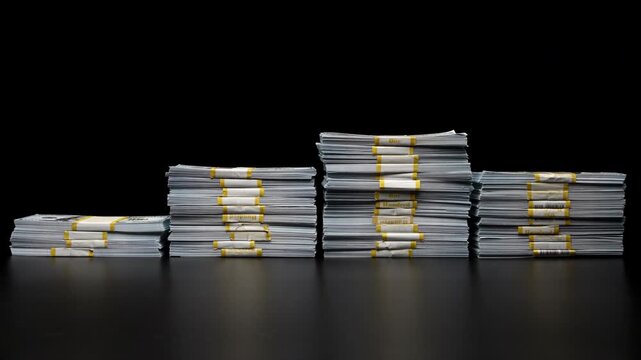 Timelapse of stacks of banknotes stacked into money growth graph and wad of cash disappearing into money loss graph on black background