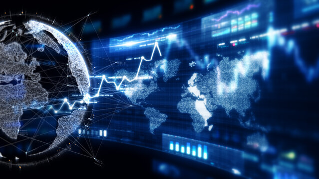 Futuristic global financial data visualization, world map and digital globe with candlestick chart, stock trading analytics, forex market dashboard, fintech infographic, big data interface