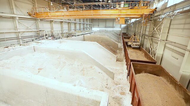 Unloading of railway wagons and storage of bulk materials in a warehouse. Sorting, loading and storage of bulk materials in a closed industrial warehouse.