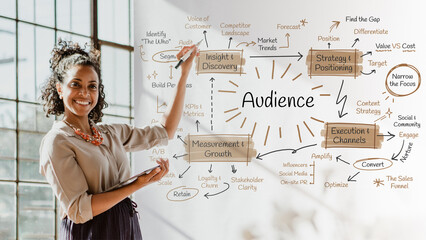 Fototapeta premium Smiling woman presenting a flowchart with Audience as the central focus.