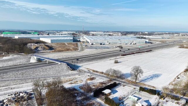 Aerial view of TPV Poland near S3 Expressway in winter season. TPV Displays Polska in Gorz&oacute;w Wielkopolski, established in 2007&ndash;2008, is the sole European manufacturing hub for TPV Technology, producin