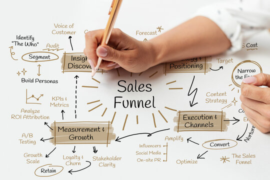 Hand-drawn sales funnel diagram with key terms like Insight Discovery.