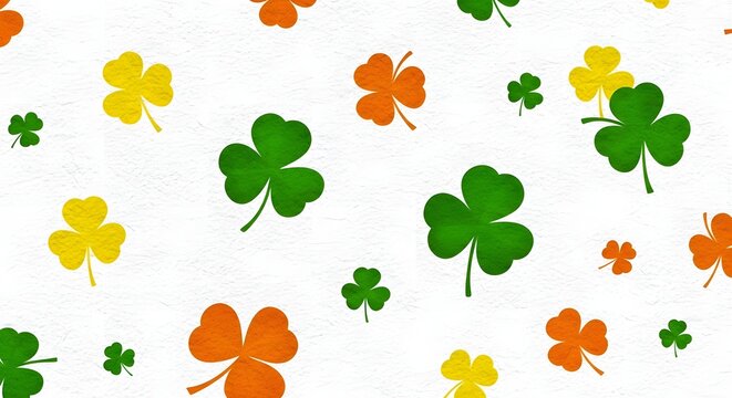 Colorful shamrock clover leaves pattern in green yellow and orange shades
