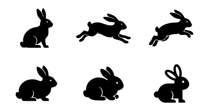 Rabbit silhouette set, 6 black bunny icons, jumping and sitting hare vector
