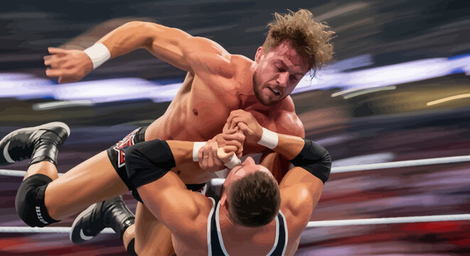Two wrestlers competing in a match.