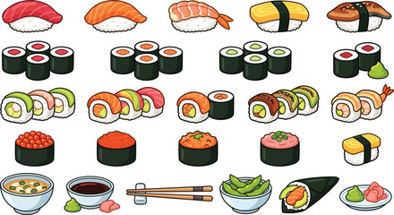 Sushi vector illustration set with nigiri maki rolls sashimi soy sauce chopsticks and Japanese food elements isolated on white background clean design © MdMostafijur
