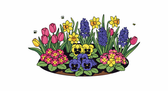 A colorful spring flowerbed with tulips, daffodils, hyacinths, pansies, and primroses, visited by bees