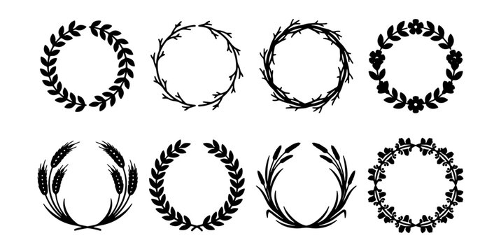 Black Laurel Wreath Vector Set, Floral Frames, Leaf Borders, Ornate Circles