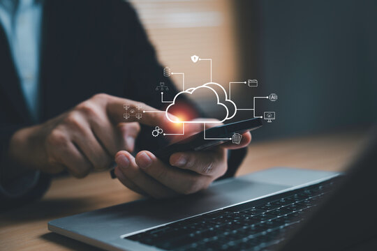 Cloud computing technology with man using smartphone represent digital network connection, data storage, cybersecurity and online services integration for business transformation and IT infrastructure
