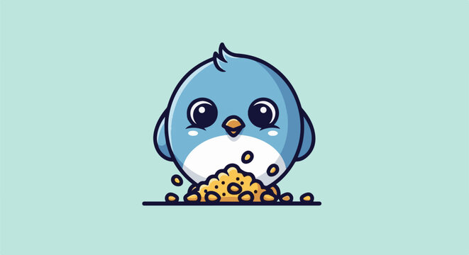 A cute, round blue bird with large eyes pecks at a pile of yellow seeds