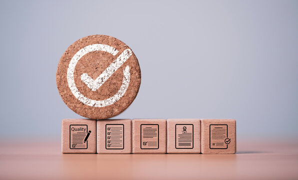 Quality assurance and certification concept with approved checklist and verification icon, represent compliance standards, audit process, business control and quality management system