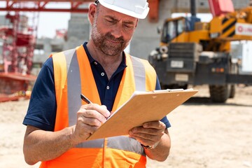 Fototapeta na wymiar Construction worker inspecting site.