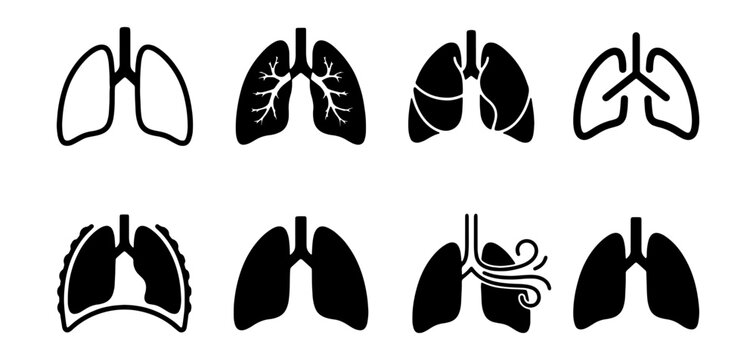 Human lungs icon set, respiratory system vector icons, 8 medical lung anatomy symbols