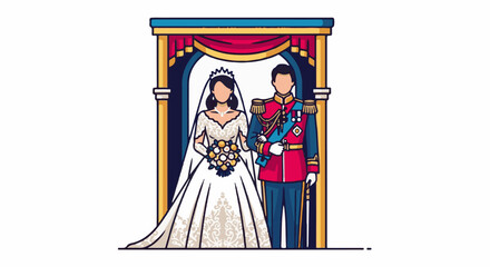 Fototapeta premium A couple in formal wedding attire stands under a decorative archway