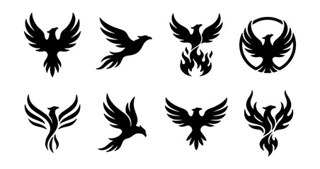 Fototapeta premium Phoenix bird logo set, 8 mythical firebird icons, black eagle silhouettes for branding
