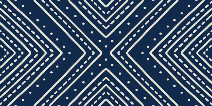 Indigo Blue and Cream Mudcloth Geometric Seamless Pattern