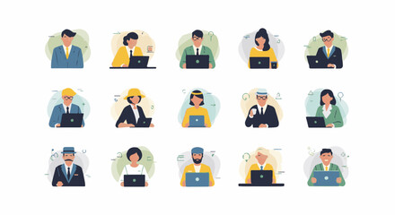 Fototapeta premium A collage of diverse illustrated professionals, each engaged with a laptop in a stylized office setting