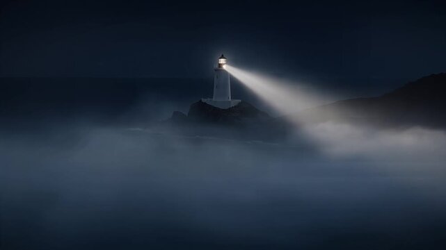 Lighthouse beacon shines bright light beam through thick fog at night