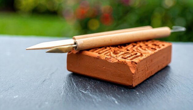 Clay carving tool on textured brick for artistic creation outdoors