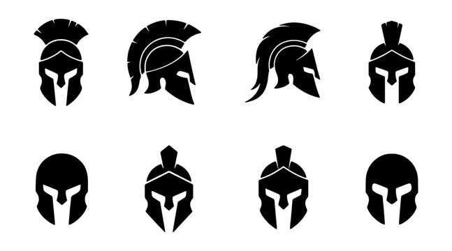 Gladiator helmets, ancient warrior icons, black silhouette set, 8 emblems