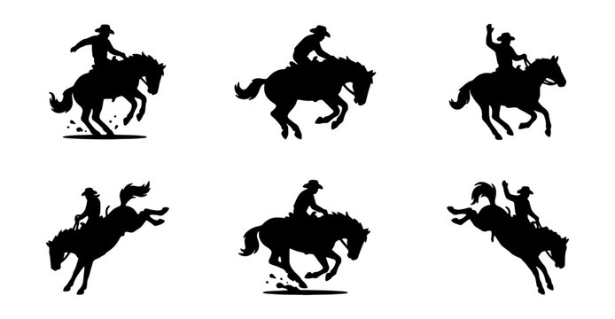 Rodeo cowboy silhouettes, bucking bronco horse vector set, wild west riding icons