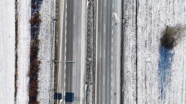 Top down view of S3 expressway in eastern Poland covered in snow. Gorz&oacute;w Wielkopolski