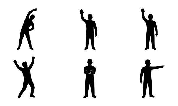 Black silhouette people icons, gestures and poses, human figures, 6 pcs