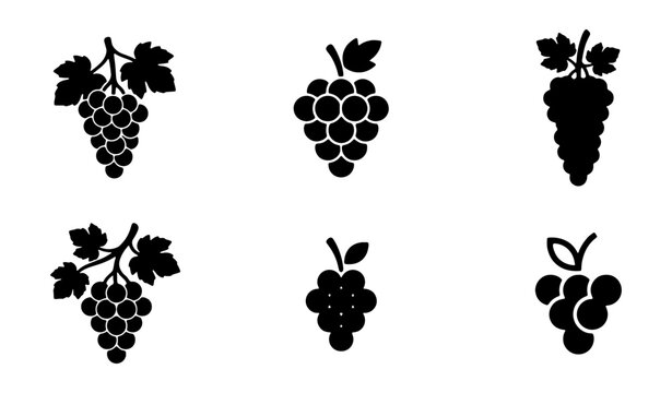 Black grape icons, fruit silhouettes, wine elements, vector graphics