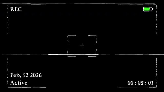 Camera Recording Screen with Target Frame and Glitch Noise, Surveillance Overlay with REC Indicator and Timestamp