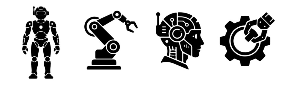 Robotics Icons Set: Robot, Arm, Head, Gear. Technology and Automation Graphics