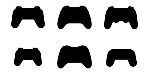 Gaming controller icons, video game controllers, gamepads, black silhouettes, gaming accessories © Nabila