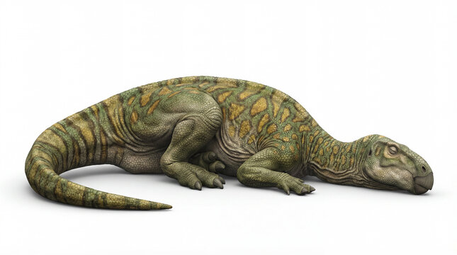Iguanodon bernissartensis sleeping isolated on white background, detailed reconstruction showing relaxed posture and calm resting behavior of a classic herbivorous dinosaur.
