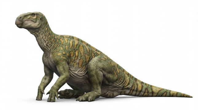 Iguanodon bernissartensis resting isolated on white background, detailed reconstruction showing relaxed posture and natural calm behavior of a herbivorous dinosaur.
