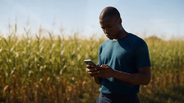 Modern Farming: A farmer engaged in his field using smart technology, checks for progress and makes data-driven decisions for his next harvest.