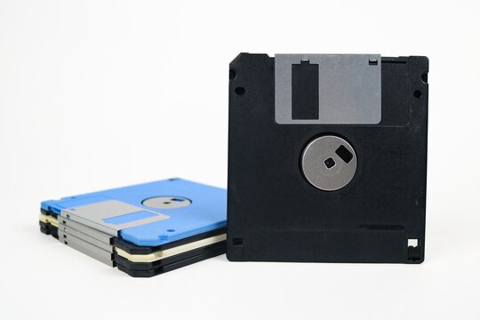 Close-up of old stacked floppy disks
