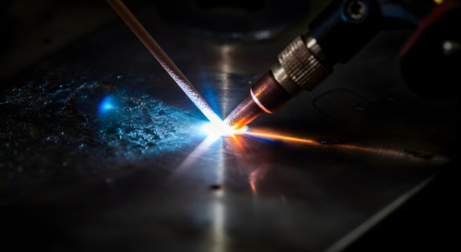 Extreme macro TIG welding tungsten electrode bright blue electrical arc brushed.