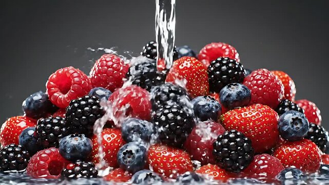 Fresh berries with water splash in close up healthy food concept