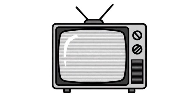 Classic vintage retro television set vector illustration with antennas, static screen, control knobs, and clean white background. Perfect for retro design projects, broadcast media graphics, nostalgia
