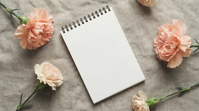 spiral notebook with pink flowers on gray background